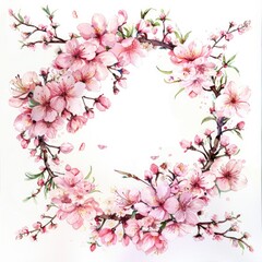 Fototapeta premium Cherry Blossom Spring Frame. Watercolor Hand Drawn Floral Illustration for Greeting Card