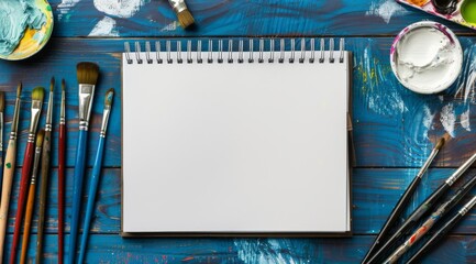 An empty sketchbook lies open, surrounded by various paintbrushes and an array of vibrant paints, creating an ideal environment for artists who wish to unleash their full creativity and imagination
