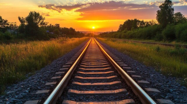 Railway track in the evening in sunset. Track railway train for transportation, Rail road