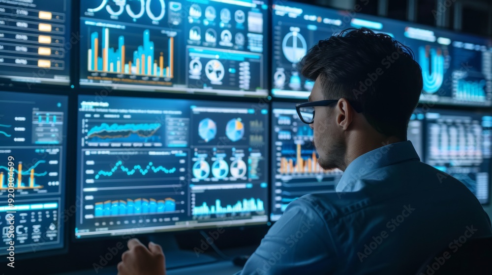 Poster A man is looking at a computer screen with multiple graphs and charts