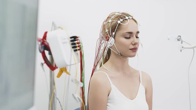 A young woman undergoes an EEG test in a modern clinic, showcasing advanced medical technology and patient care. Ideal for highlighting modern diagnostic procedures and healthcare innovations.