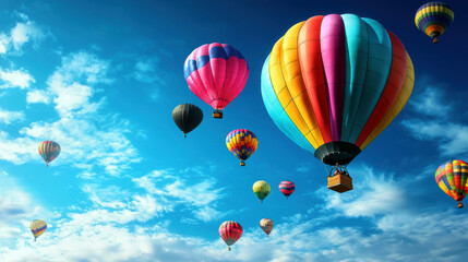 Naklejka premium A colorful hot air balloon filled with people is flying in the sky. The balloons are of different colors and sizes, and they are scattered throughout the sky. Concept of joy and excitement