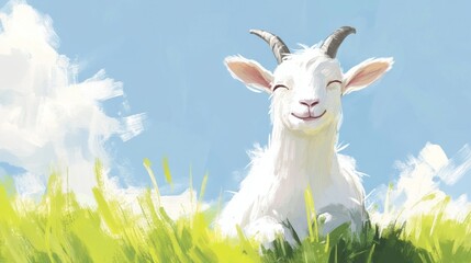 Obraz premium A cheerful white goat with horns smiles and looks directly at the camera while standing in a field of green grass against a blue sky.