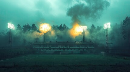 Bright stadium arena lights and smoke