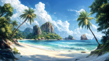 Naklejka premium A serene tropical beach with lush greenery, clear blue waters, and towering rock formations under a bright sky.