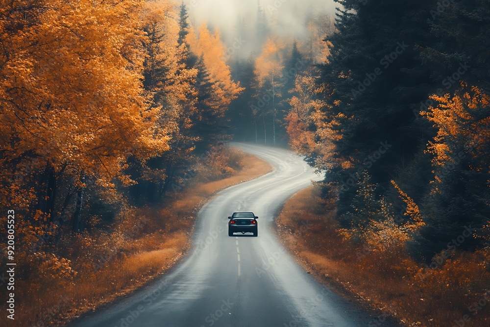 Wall mural top view of a car driving along the road in a picturesque landscape