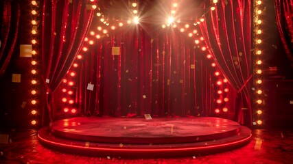 Stage circus platform with circle antique spotlights on red curtain background - Powered by Adobe