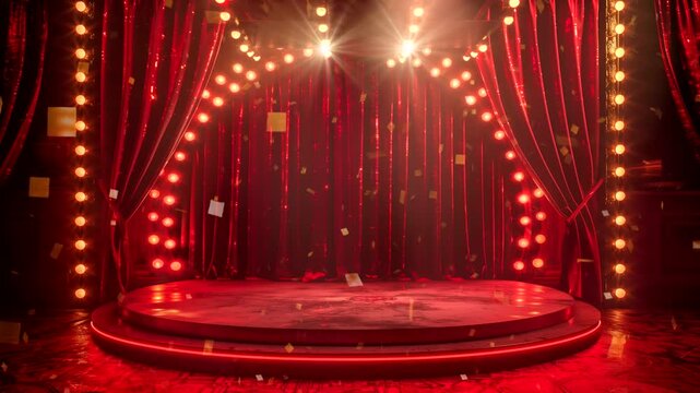 Stage circus platform with circle antique spotlights on red curtain background