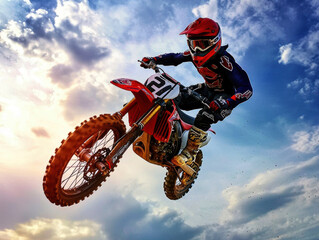 A man is riding a dirt bike in the air. The sky is cloudy and the sun is setting