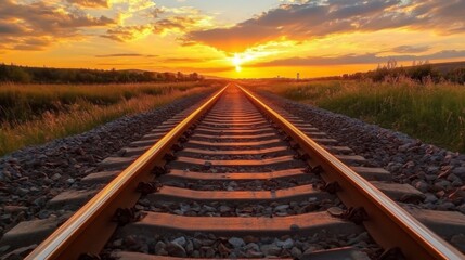 Fototapeta premium Railway track in the evening in sunset. Track railway train for transportation, Rail road
