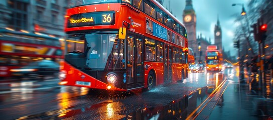Obraz premium The city streets of London, England with double-decker buses in motion blur in the background. 