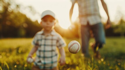 A father and his young son are practicing baseball pitching together in their backyard The scene is captured with a deep depth of field highlighting the tranquil
