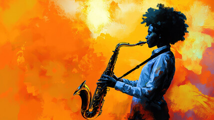Obraz premium A woman playing a saxophone with a blue background. Scene is lively and energetic