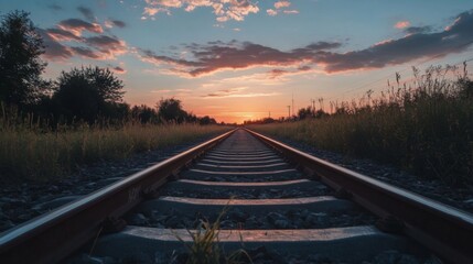 Obraz premium Railway track in the evening in sunset. Track railway train for transportation, Rail road
