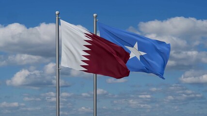 Somalia and Qatar flags flying together, video concept of the relationship, two country cooperation concept