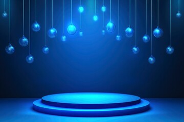 Empty blue podium floating in the air with blue flying line lamps around, 3d realistic vector illustration with generative ai