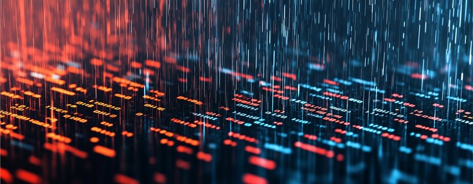 Digital rain, binary code flowing, flat design illustration.