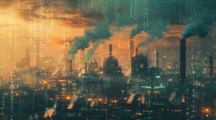 Obraz premium A cityscape with visible carbon emissions rising from various sources, including vehicles, factories, and power plants, contrasted with a digital overlay showing the carbon footprint in stark numbers