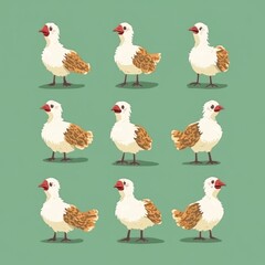 Fototapeta premium Nine white birds with brown spots are standing on a green background, their red beaks are open.