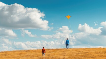 Father and Son Flying Colorful Kites on Windy Day in Open Expansive Field with Picturesque Sky and Clouds