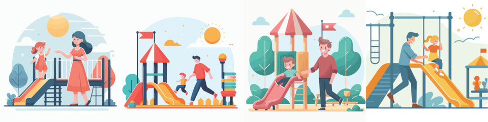 vector set of little kids playing on slide