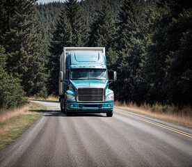A blue semi truck is driving down a road