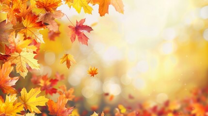 Colorful autumn leaves in vibrant hues of yellow, red, and orange drifting in a serene forest setting during fall