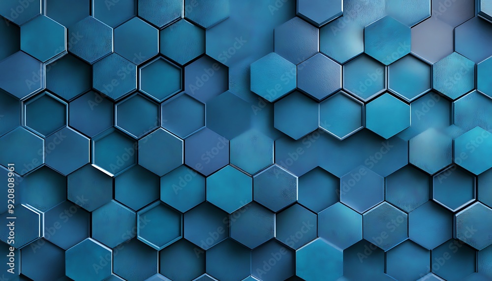Poster Seamless 3D Chambray Blue Hexagonal Tiles Creating a Honeycomb Effect