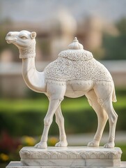 A white marble statue of a camel with intricate carvings on its back and base.