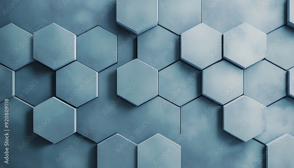 Poster Seamless 3D Chambray Blue Hexagonal Tiles Creating a Honeycomb Effect