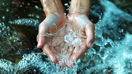 Fototapeta premium A close-up view of two hands under a stream of water, capturing the gentle, fluid motion and the purity of the liquid.