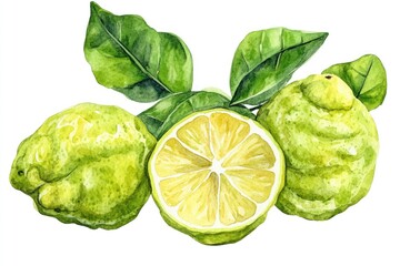 Bergamot Drawing. Watercolor Botanical Illustration of Citrous Fruit on White Background