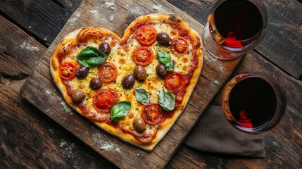 Heart shaped pizza with wine glasses on wooden table