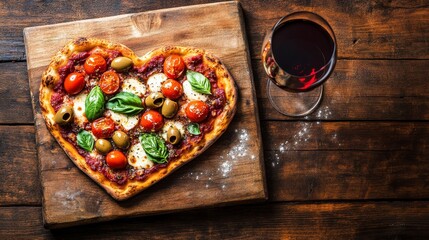 Delicious heart shaped pizza with red wine on wooden table