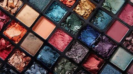 Assorted colorful eyeshadow palette close-up.