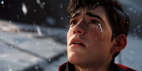 Touched by His Grace. Close-up of a beautiful young man looking up with tears in her eyes. Christian concept