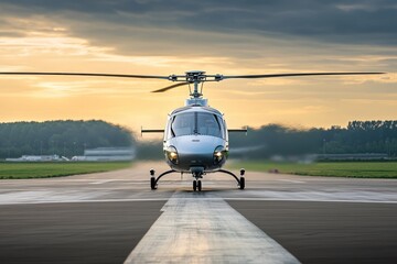 Airbus Helicopter Takeoff. Rotor Blades in Motion against Silver Sky