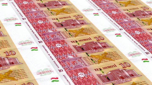 Tajikistan Tajikistani Somoni 10 Banknotes Money Printing House, Printing Ten Tajikistani Somoni, Printing Press Machine Print out Tajikistani Somoni, Being printed by currency press machine