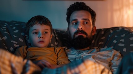 Obraz premium A father and his young son cuddled up on the couch immersed in watching documentaries together on a tablet device in their cozy living room The scene captures a moment of intimate time