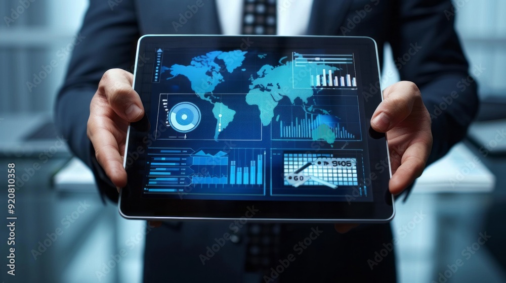 Poster a man is holding a tablet with a map of the world on it