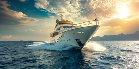 Fototapeta premium A luxury yacht gliding through the vibrant sunset ocean, showcasing a blend of elegance and adventure