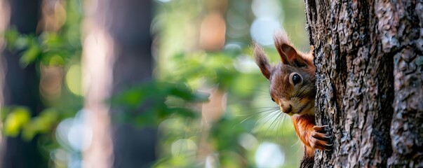 Obraz premium A Red Squirrel Peeking Around a Tree Trunk