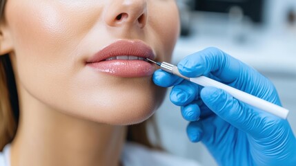 Professional with blue gloves performing a meticulous lip enhancement procedure, underscoring the precision and expertise required for effective cosmetic treatments.