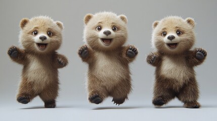 Three adorable brown bear cubs with big eyes and happy expressions, standing on a white background.