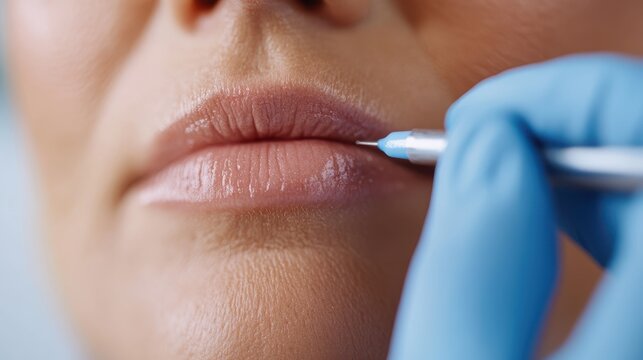 Close-up of a professional performing a lip enhancement procedure with a precision tool, highlighting the detailed and meticulous nature of cosmetic treatments.
