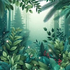 Obraz premium Emerald greenery forest foliage vector background. Green garden trees wedding invitation. Summer leaves card texture. Bokeh lights art.Rustic style save the date.Elegant outdoor party template 