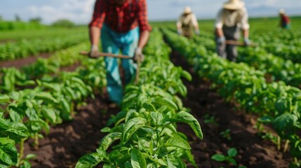 Organic Orchard Management with Farmers Working in the Lush Green Fields  Sustainable Agriculture Concept with Teamwork and in Cultivating Healthy Produce