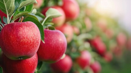 Close up view of lush ripe organic apples hanging from the branches of a sustainable eco friendly orchard with a bright