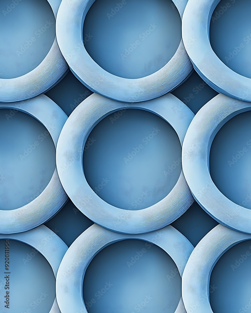 Poster Seamless 3D Chambray Blue Interlocking Circular Patterns with Soft Shadows