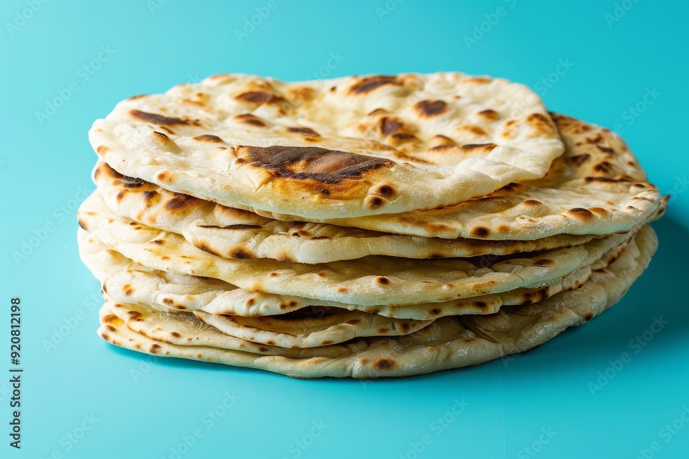 Wall mural naan bread isolated on blue background. stack of indian flatbread, kulcha, tortilla, roti, cut-out, 